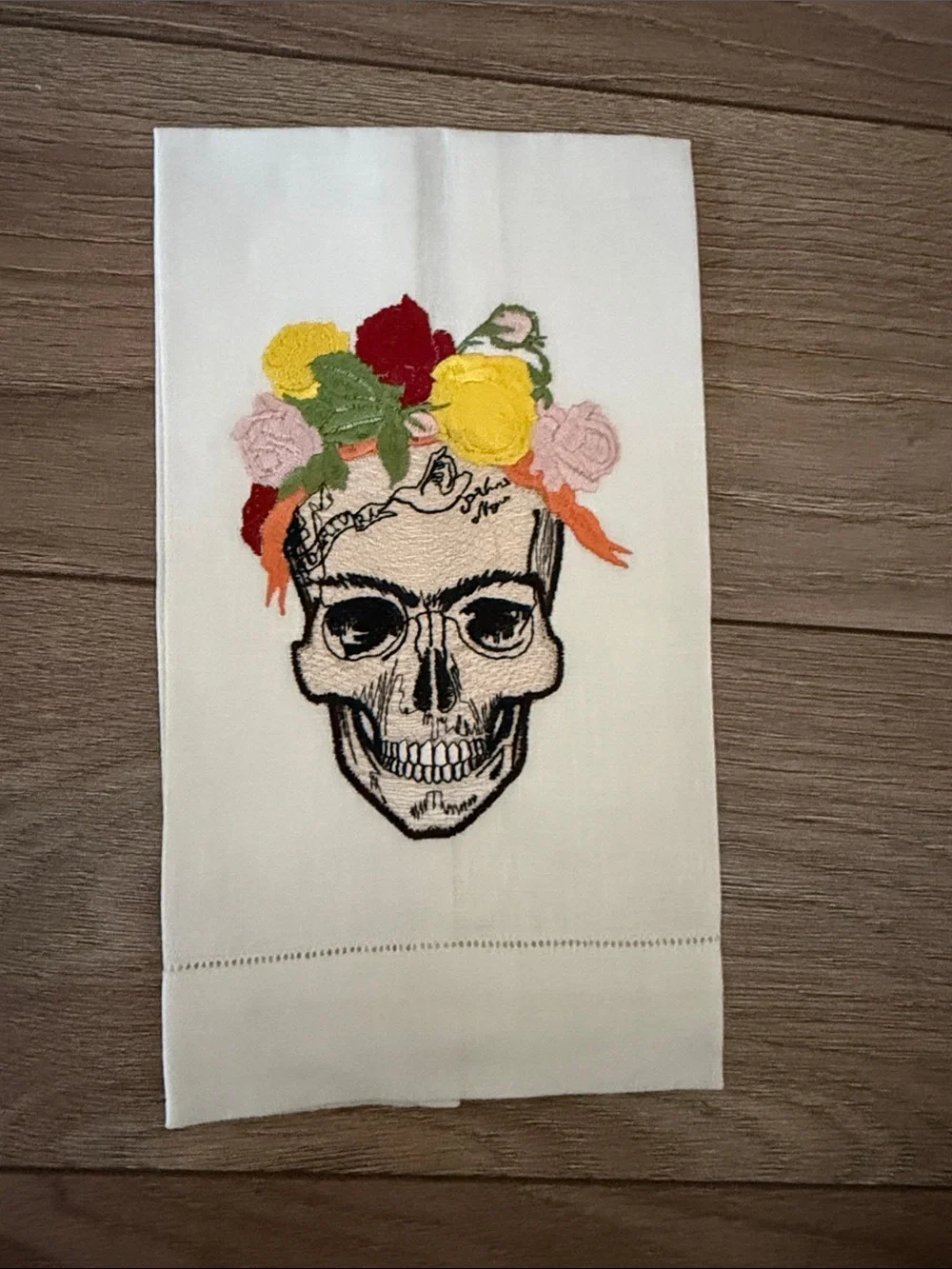 Embroidered Skull Floral Hand Towel - White